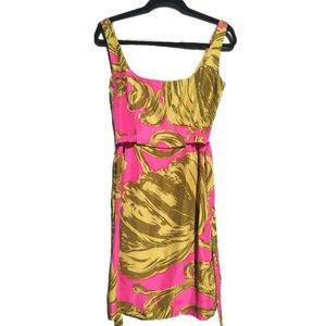 🦩Milly of New York 100% Silk Scoop Neck Mini Dress, Size 4, Pink floral 💚💛